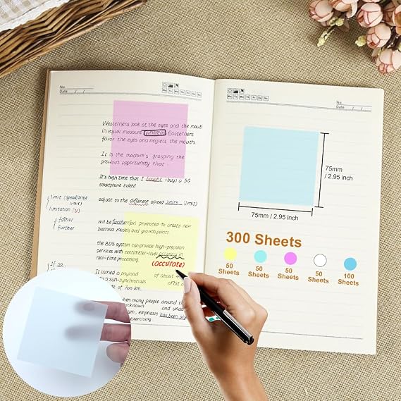Transparent Sticky Notes Set, 5 Colors Sticky Tabs, 75x75mm | 300 Sheets Waterproof Book Sticky Tabs for Annotating Books and Notebooks