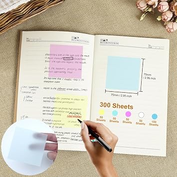 Transparent Sticky Notes Set, 5 Colors Sticky Tabs, 75x75mm | 300 Sheets Waterproof Book Sticky Tabs for Annotating Books and Notebooks