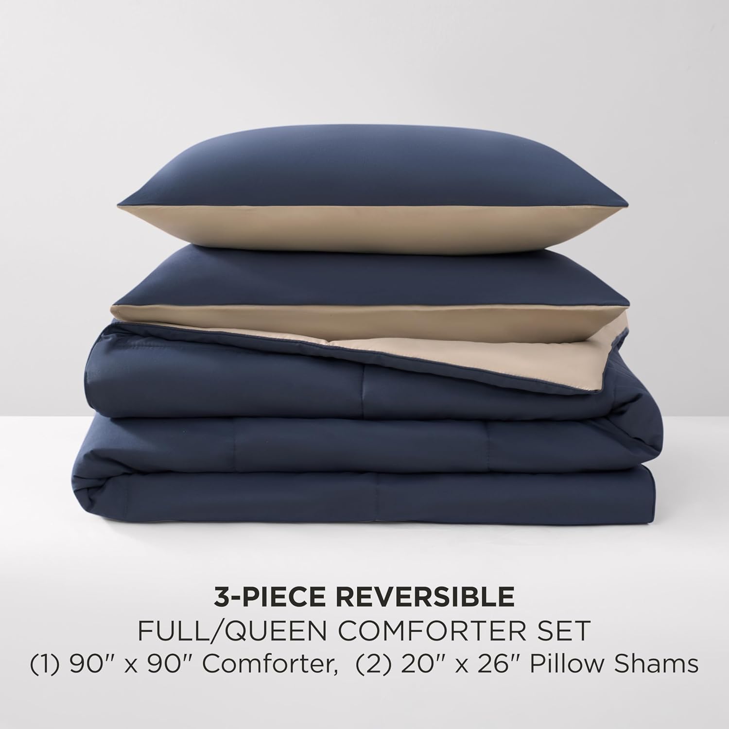 Lucky Brand Reversible Box Stitch Comforter Set, 3-Piece Full/Queen – Vintage Blue Indigo/Tan – Classic Bedding Set