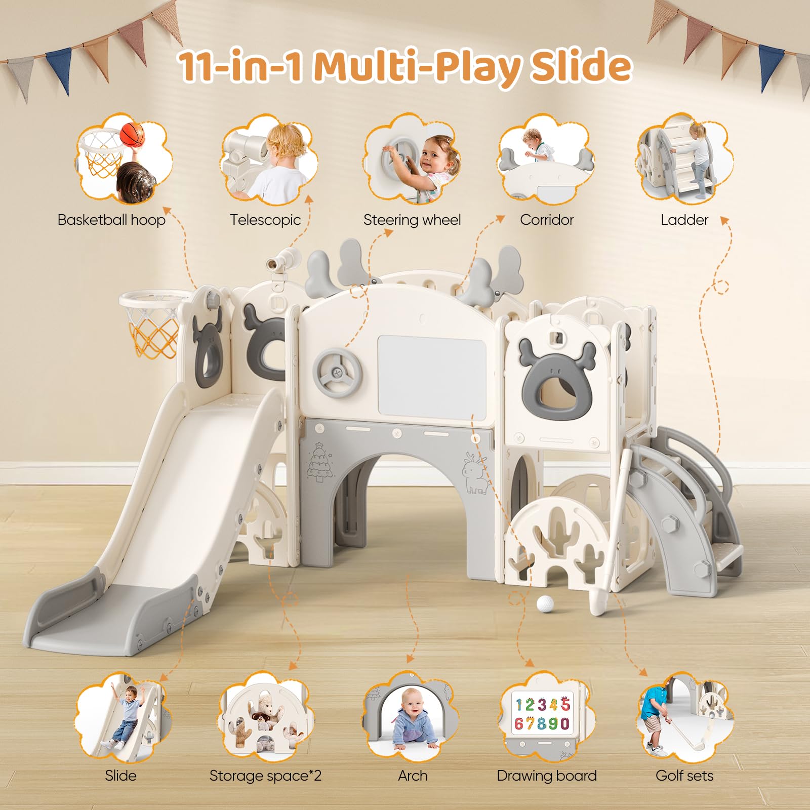 Krovtoy Scivolo per bambini 7 in 1, a tema alce natalizio con set da golf, scivolo per bambini da 1 a 3 anni (Alce- Beige grigio 7 in 1)