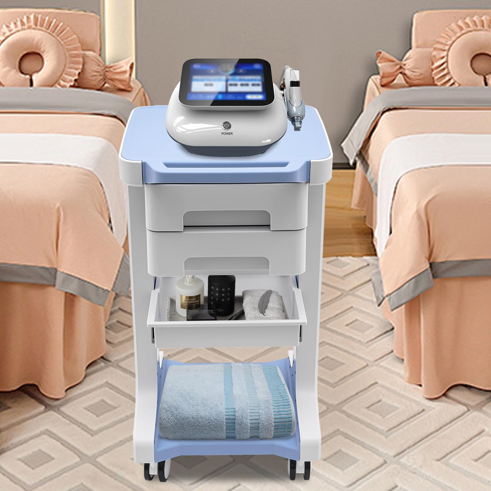 Carrello da laboratorio, auto medica, carrello cosmetico con 3 piani e 2 cassetti, 41 x 41 x 67 cm, portata 50 kg, per laboratorio, clinica, ospedale, salone