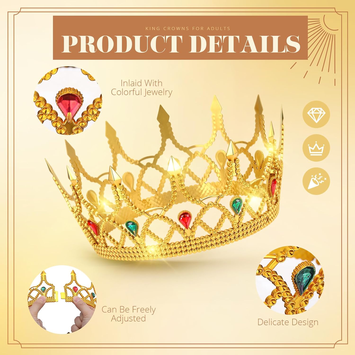Quelay 12 Pcs King Crown Gold Adjustable Royal Prince Jeweled Crown Medieval for Party Birthday Royal Costume Fun Cosplay
