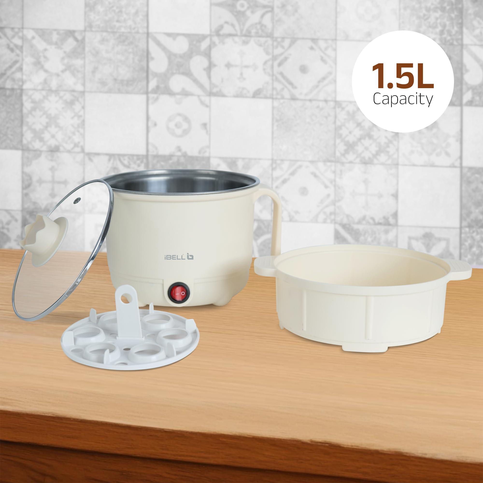 IBELL MPK150PM Multipurpose Electric Kettle, 1.5 Litre, 600W, 2 Cooking Pots & Egg Boiler For Boiling Water, Egg, Stainless Steel Body (White) 2