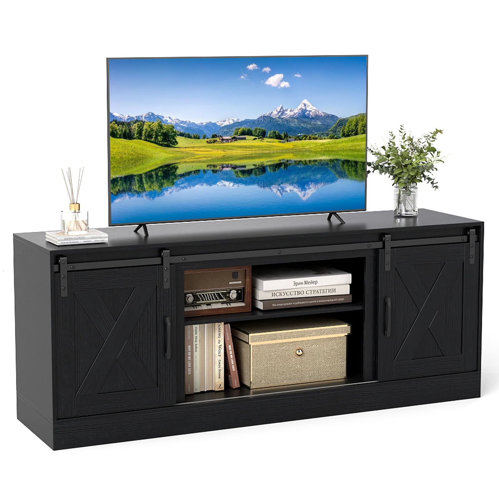 COSTWAY TV Stand Cabinet for 70 Inch TVs, 150cm Farmhouse Media Entertainment Center with Sliding Barn Door and Adjustable Shelves, Wooden TV Unit Console Table for Living Room Bedroom (Black)