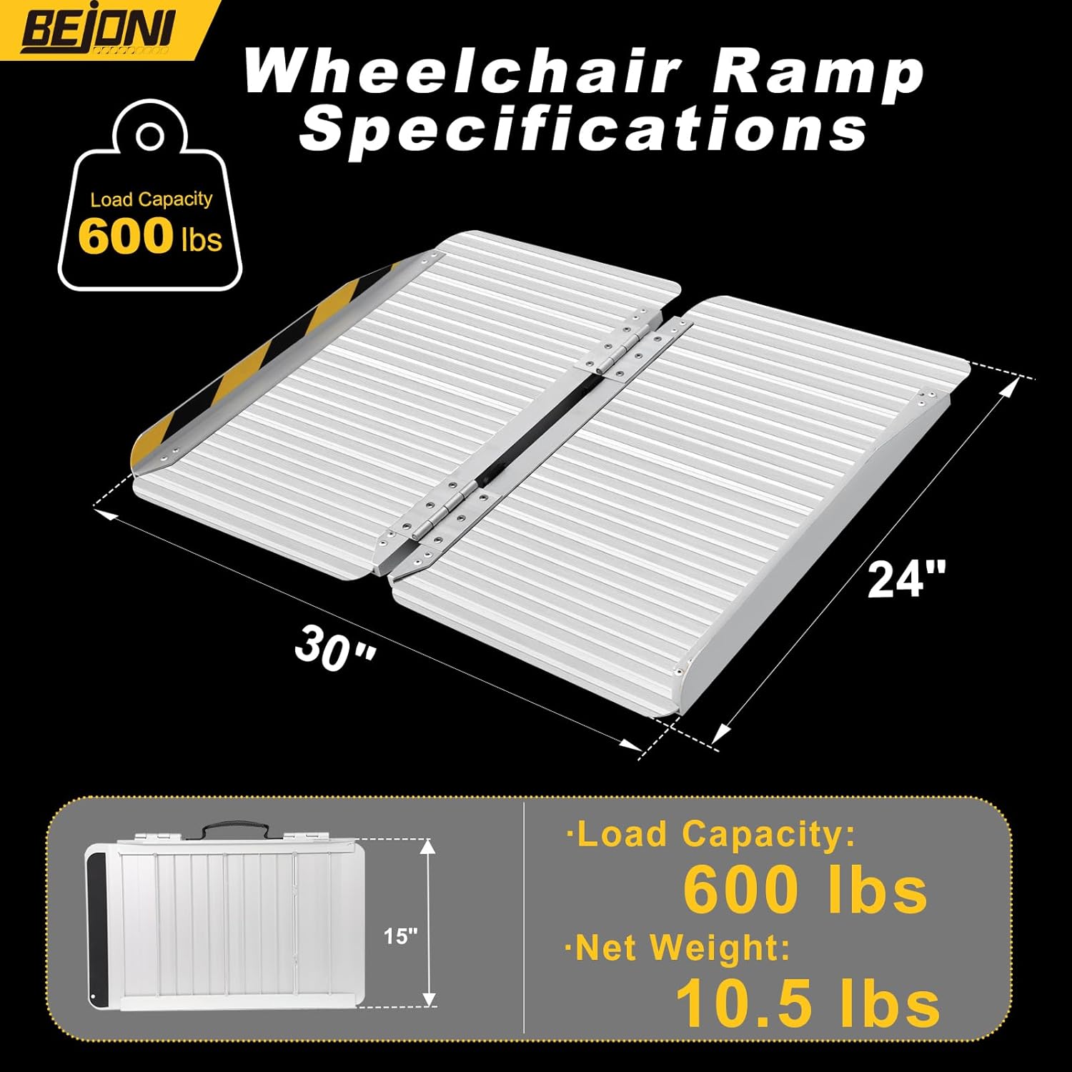BEJONI 2FT Portable Wheelchair Ramp, 30''W Aluminum Folding Handicap Ramp for Home Steps, Non-Slip Threshold Ramps for Wheelchairs, Scooters, Doorways, Home Steps,Curbs, FSA,HSA