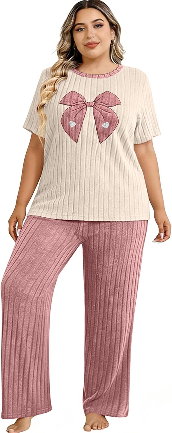 Emilaura Womens Plus Size Pajama Set 2 Piece Short Sleeve with Long Pant Sleepwear Soft & Cozy Bow Loungewear (XL to 5X)