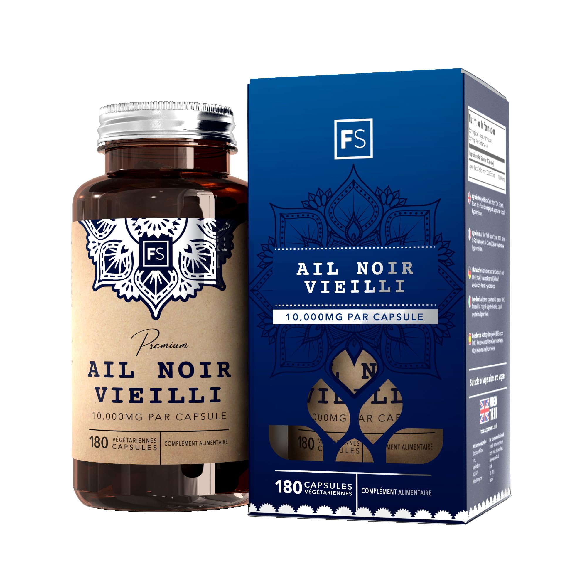 FS Ail Noir Vieilli | 180 Capsules d'ail Noir Inodore Haute Résistance - 10,000mg D'extrait D'ail par Capsule | Sans OGM, Sans Gluten et Sans Allergène | Fabriqué au Royaume-Uni