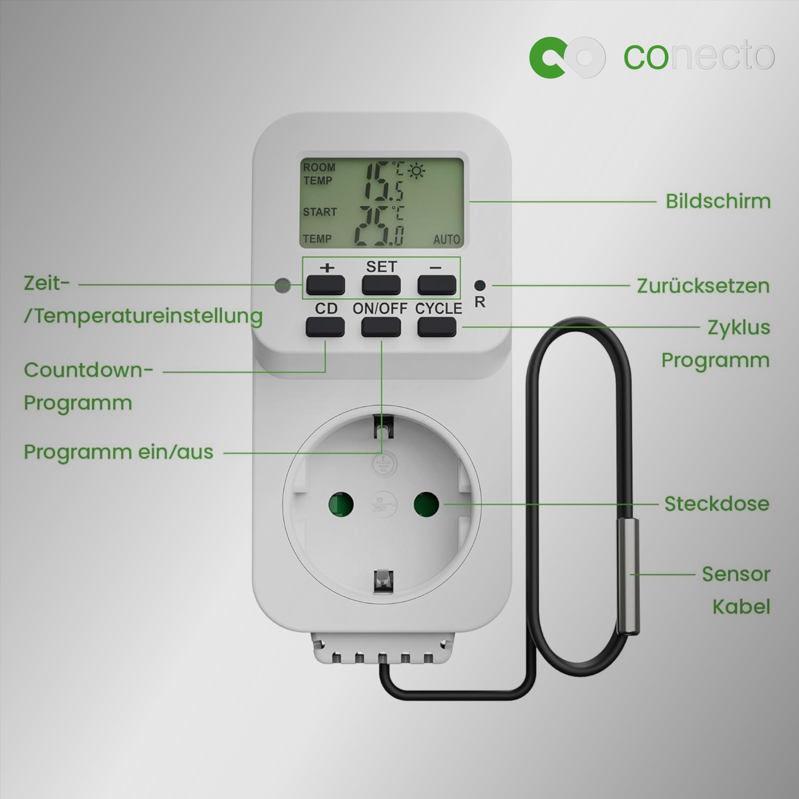 conecto Prise de Thermostat numérique avec capteur Externe et minuteur pour Terrarium, Serre, fumoir, Chauffage, régulateur de température, de Gel, 3600 W, Blanc