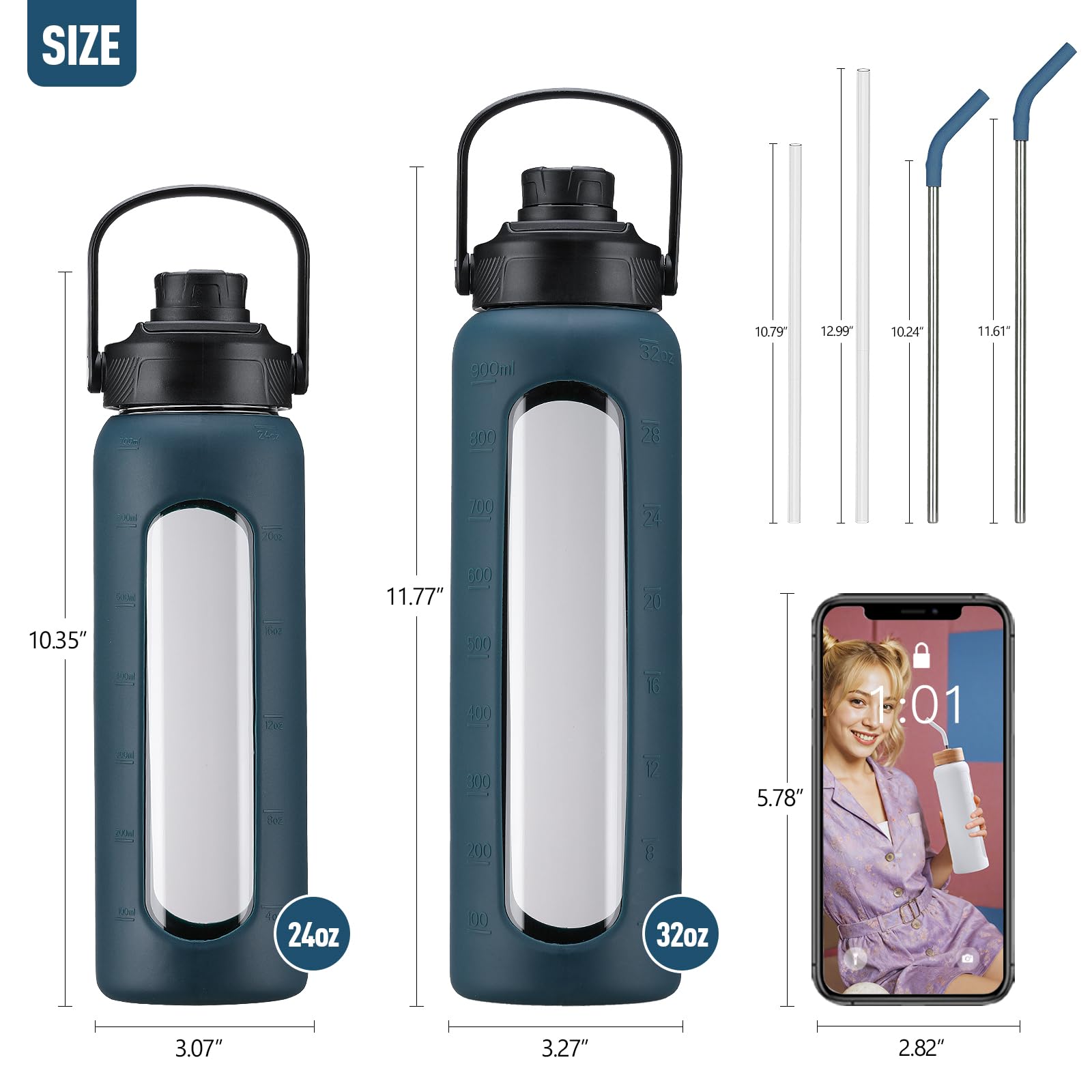 Kodrine Glas-Trinkflasche mit Strohhalm, Glas-Trinkflasche mit 2 Deckeln, Bambus- und Auslaufdeckel, auslaufsicher, für den täglichen Gebrauch, mit Zeitmarkierung für Zuhause, Outdoor-Sport, BPA-frei