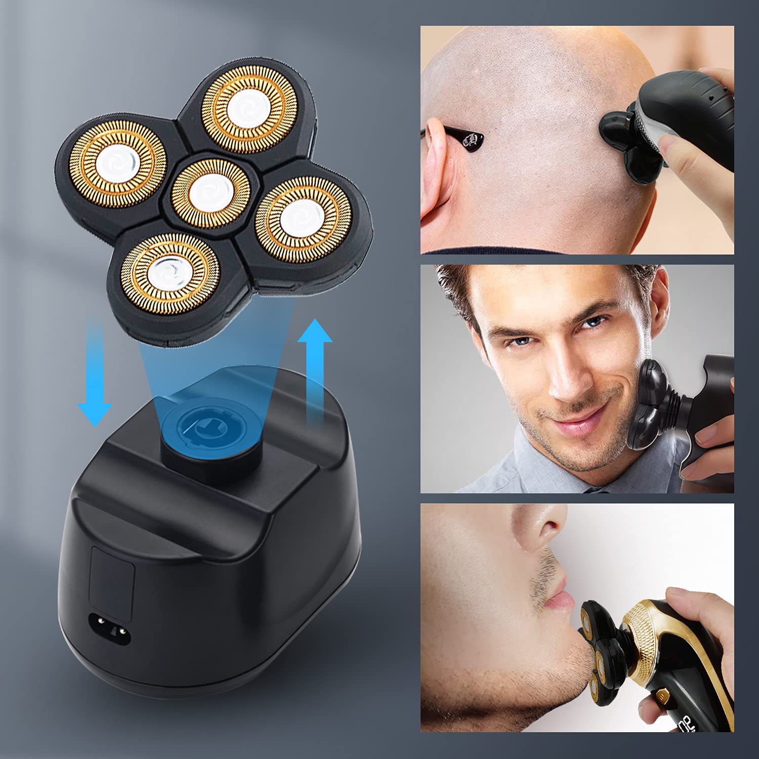 Testina di ricambio per rasoio elettrico Chiudi Mens rasoio elettrico 5D impermeabile testa rasoi per uomini testa di ricambio Wet & Dry Bald Shavers lame (oro)