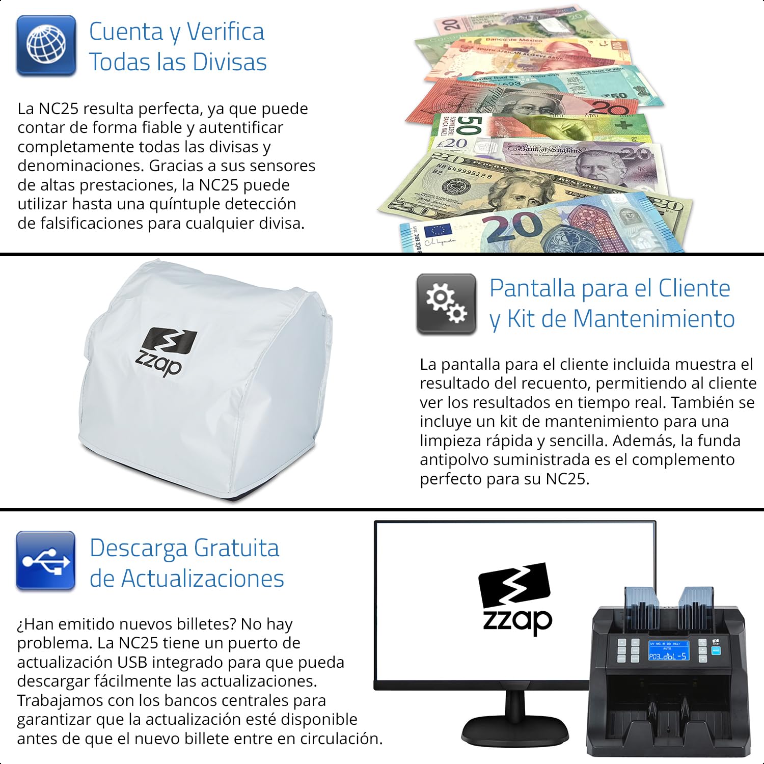 ZZap NC25 Contadora de billetes y detector de falsificaciones – Máquina de efectivo y divisas