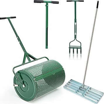 4-Step Compost and Peat Moss Spreader Lawn Care System Includes 24" Compost Spreader 42" Hollow Fork Aerator 20" Soil Sampler Probe 30" Lawn Leveling Rake for Lawn Yard Topsoil Care
