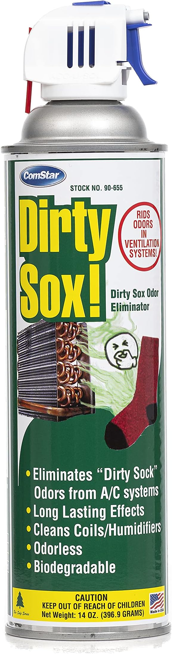ComStar Dirty Sox Odor Eliminator Aerosol with Trigger Spray, A/C System Odor Neutralizer & Cleaner, Cleans Coils & Humidifier Filters, Safe on Metal, Made in USA, 14 Oz (90-655)