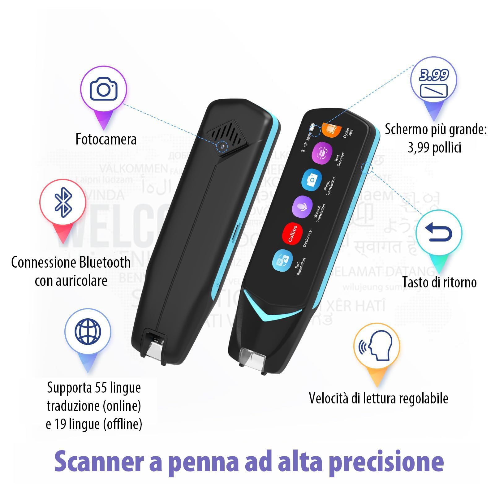 NEWYES Penna Scanner,Penna Lettura e Traduttore con touch screen da 3,99inch, penna per apprendimento con registrazione intelligente, penna per lettura scanner OCR per viaggiatori e uomini d'affari