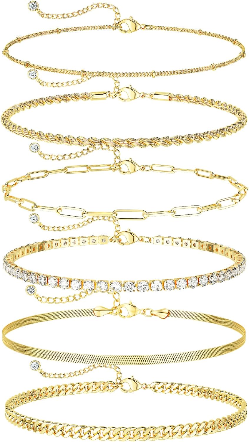 DEARMAY 14K Gold Plated Ankle Bracelets for Women Waterproof - Dainty 6Pcs Anklets Layered Cuban Link Chain Herringbone Cute Anklets Set Pack Summer Beach Jewelry Gift for Women Teen