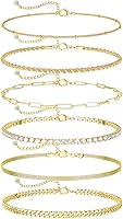 DEARMAY 14K Gold Plated Waterproof Anklets for Women - 6Pc Dainty Layered Set Cuban Link Herringbone Chains Beach Jewelry Gift