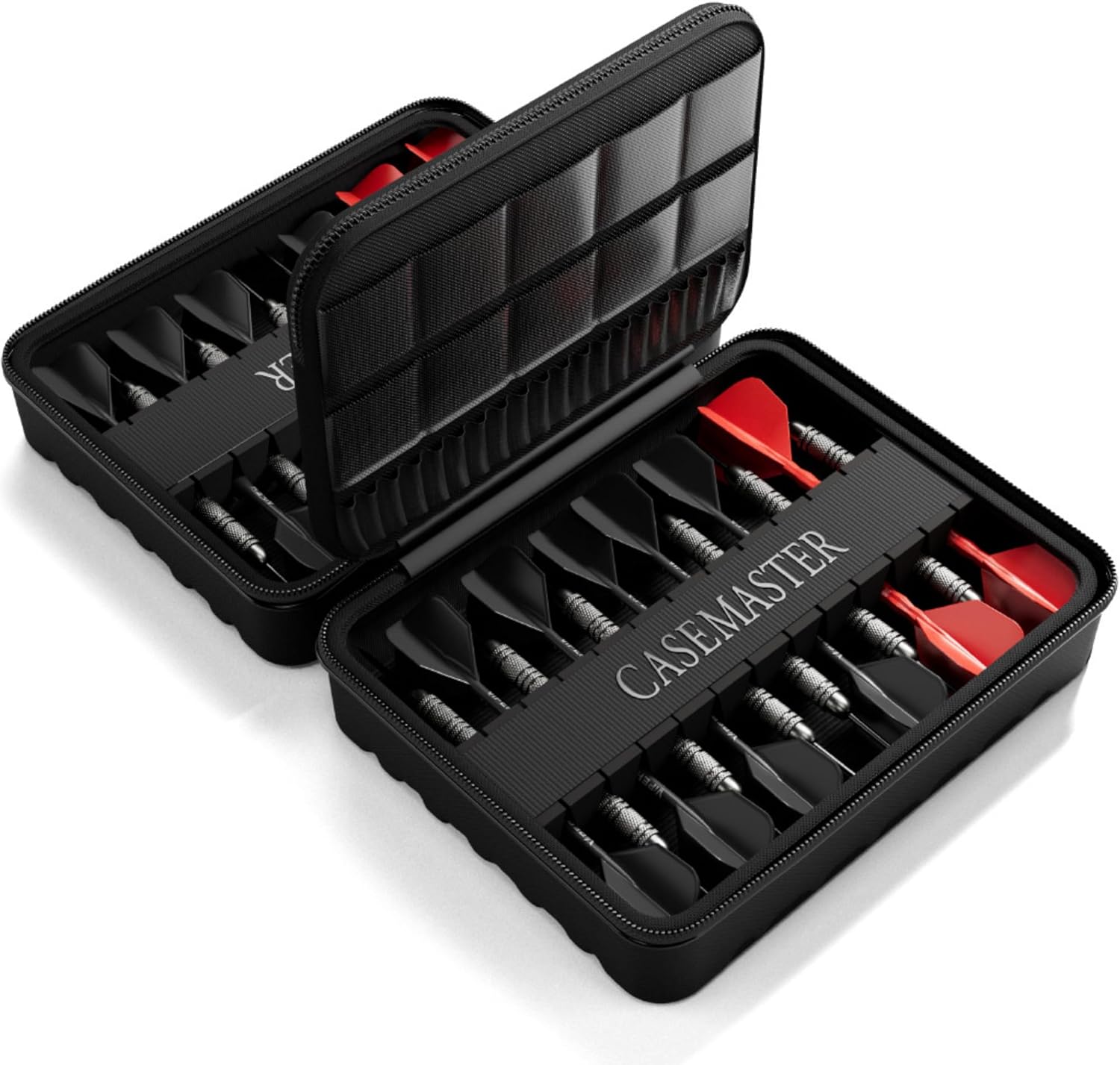Casemaster Maxx 4 Dart Case, Holds 12 Steel Tip or Soft Tip Darts Fully Assembled, Hard Shell EVA Darts Case, 20 Accessory Pockets, Black