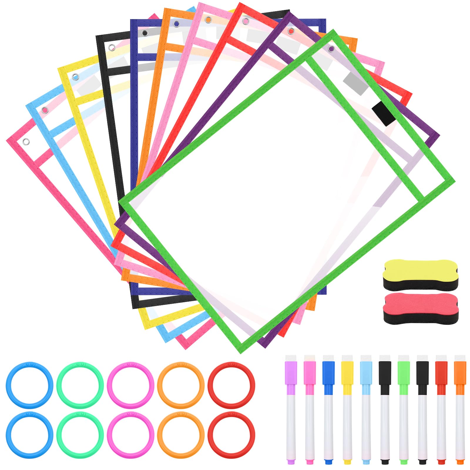 ZYNERY 32 PCS Reusable Dry Erase Pockets Set – Clear Plastic Sleeves with Erase Pens, Bone Shape Erasers & Binder Rings, Write and Wipe Sheet Protectors for School Office Home Teacher Supplies