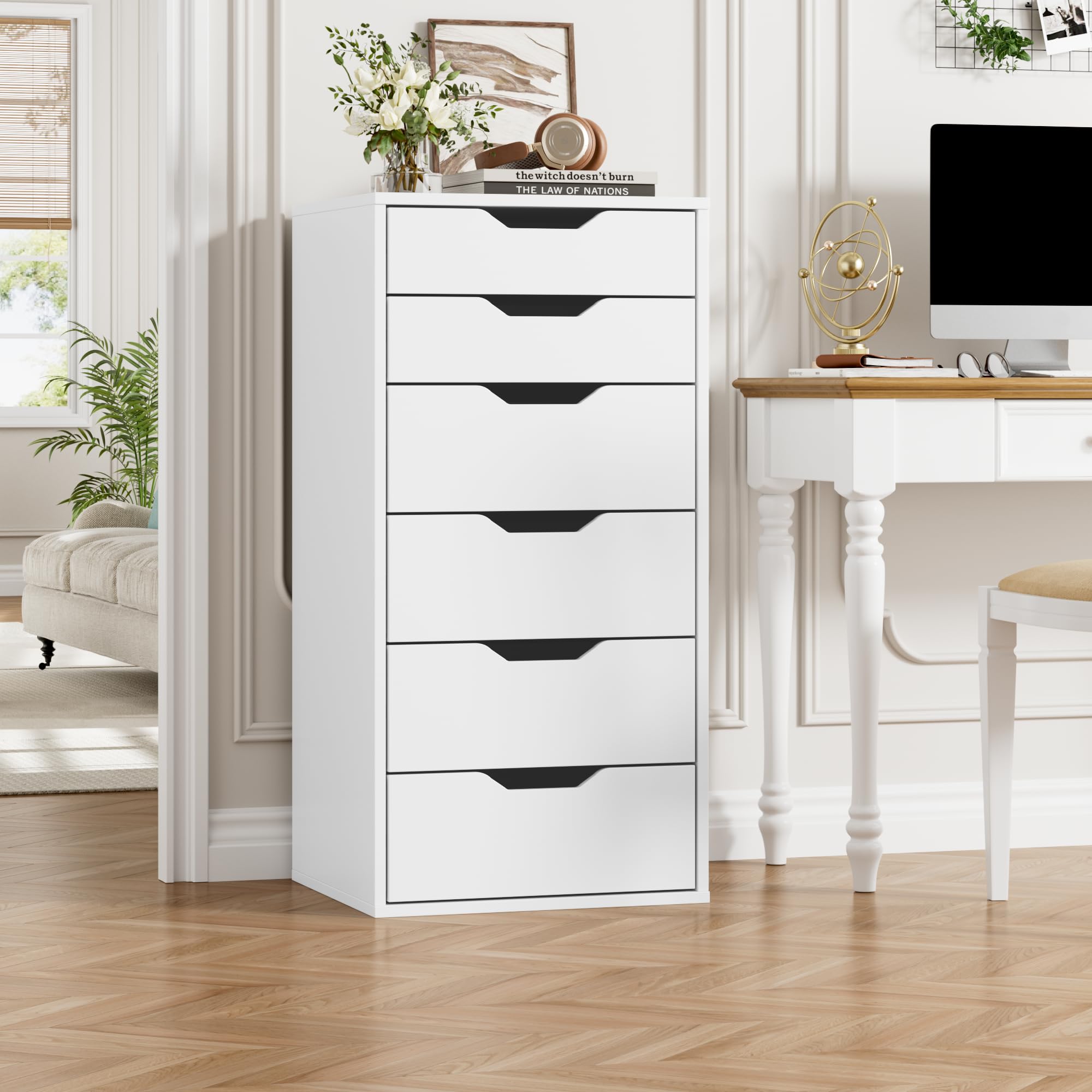 FOREHILL Commode 6 Tiroirs Commode Chambre Adulte Chiffonnier Meuble de Rangement pour Salon Bureau Entrée Chambre Commodes Blanche 45x40x90.5cm