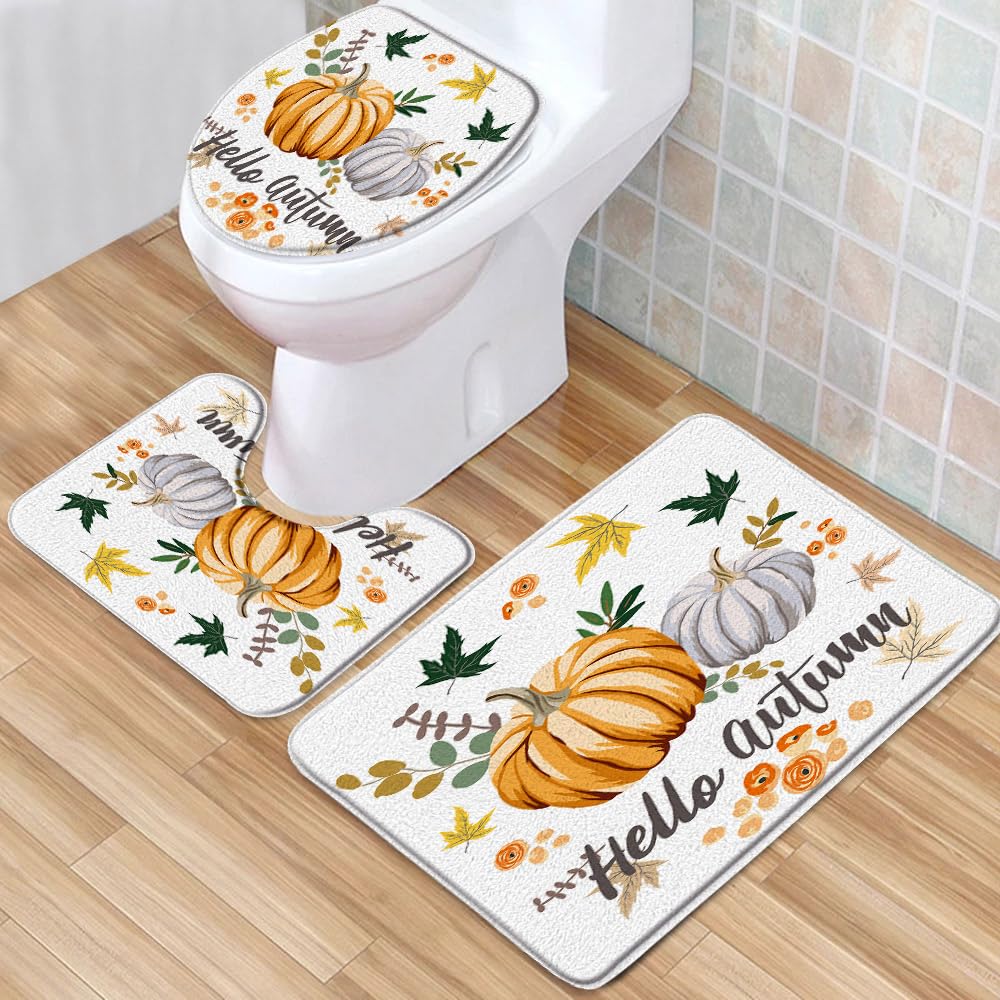 3pcs/Set Autumn Pumpkin Bath Rugs Fall Farm Harvest Festival Watercolor Pumpkin Rustic Farmhouse Themed Low Pile Memory Foam Bathroom Decor Rug U Shape Mat Toilet Lid Cover 15.7 x 23.6 Inch