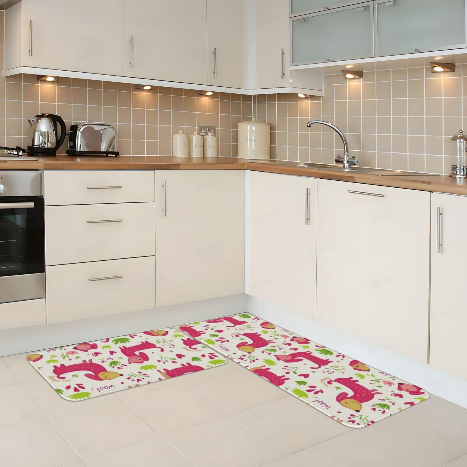 GVYGVY Antifatigue Kitchen Mats for Floor 2 Piece - Cute Dachshund Rose Print Kitchen Rugs Washable, Non Slip Runner Rug Standing Mat for Office/Bathroom/Laundry/Home Decor and Accessories
