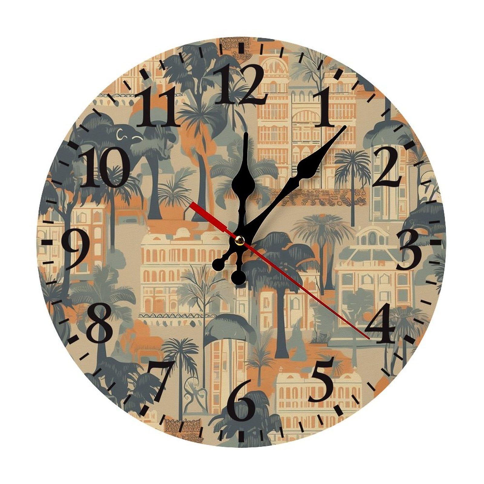 NTVOWPZO 10 Inch Wall Clock Tropical Palm Tree Battery Operated Wall Clocks Silent Non-Ticking Round Wall Clock for Living Room Kitchen Home Office Wall Decorative Clock