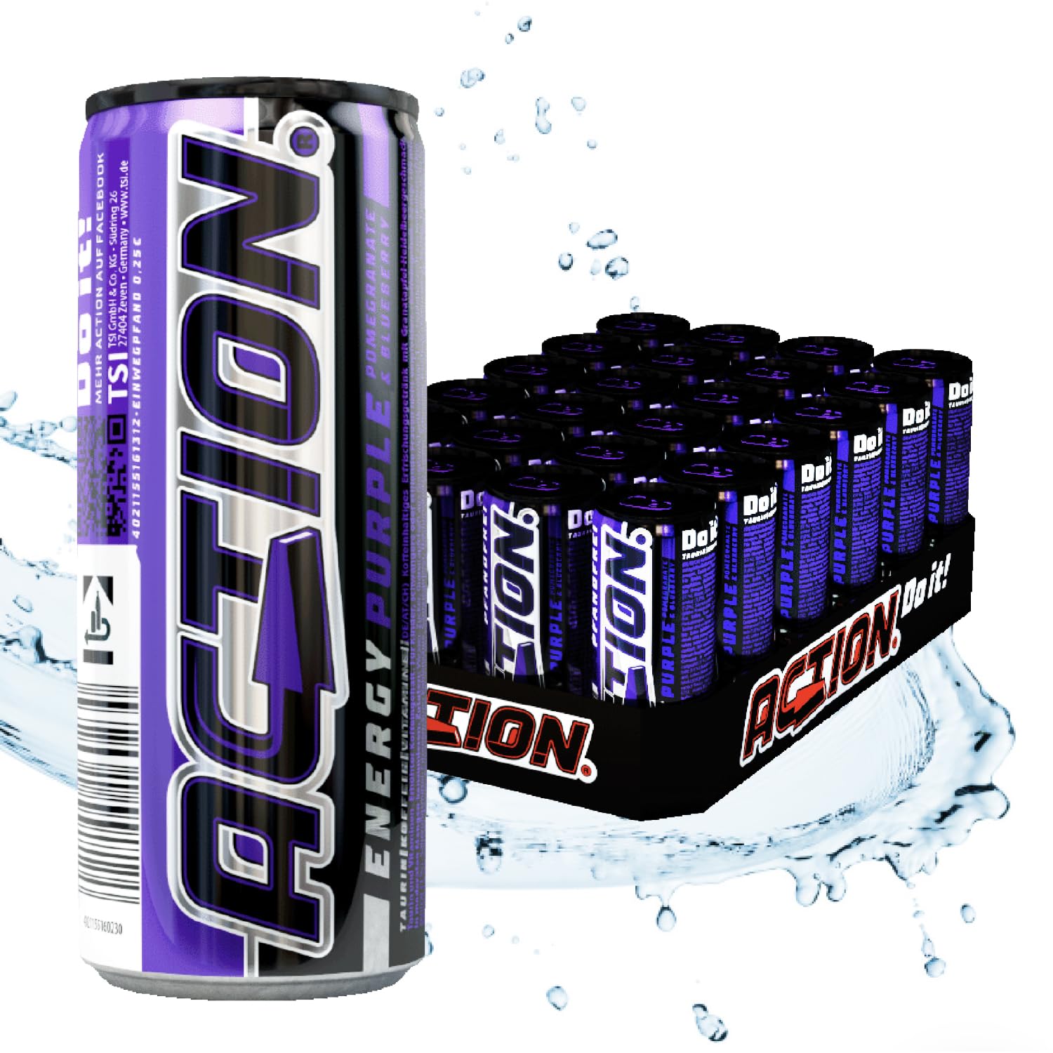 Action Energy Drink Purple (48 x 250 ml) incluye depósito – Refresco con sabor a granada y arándanos – patata energética con mayor contenido de cafeína 32 mg/100 ml cafeína rendimiento mejorado