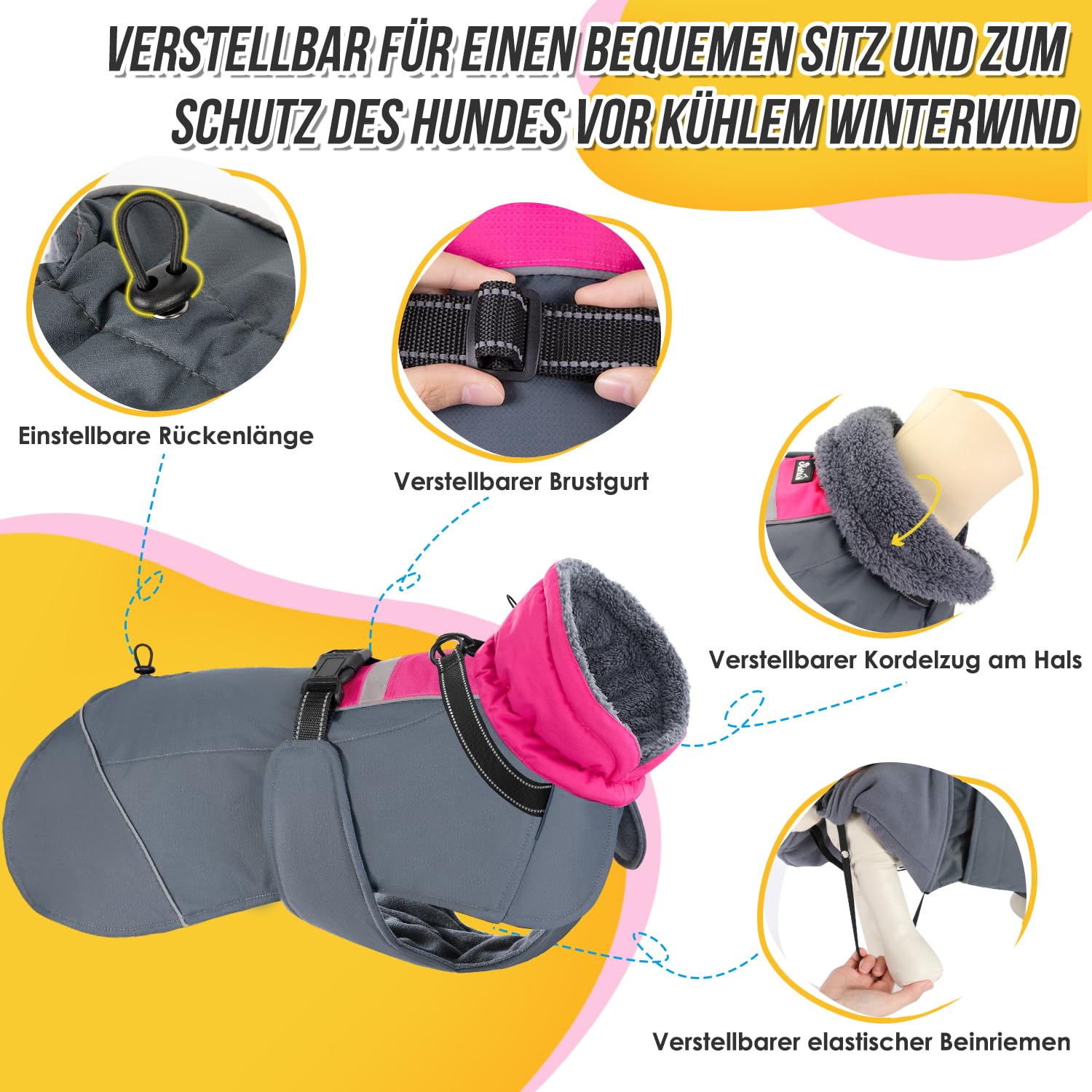 Eyein Hundemantel Winter für Große Hunde, Wasserdicht Hundejacke mit warmem Fleecefutter und Halsband, Winddichter Wintermantel Hund mit Bauchschutz und Verstellbarem Brustriemen, Rosa, XXXL