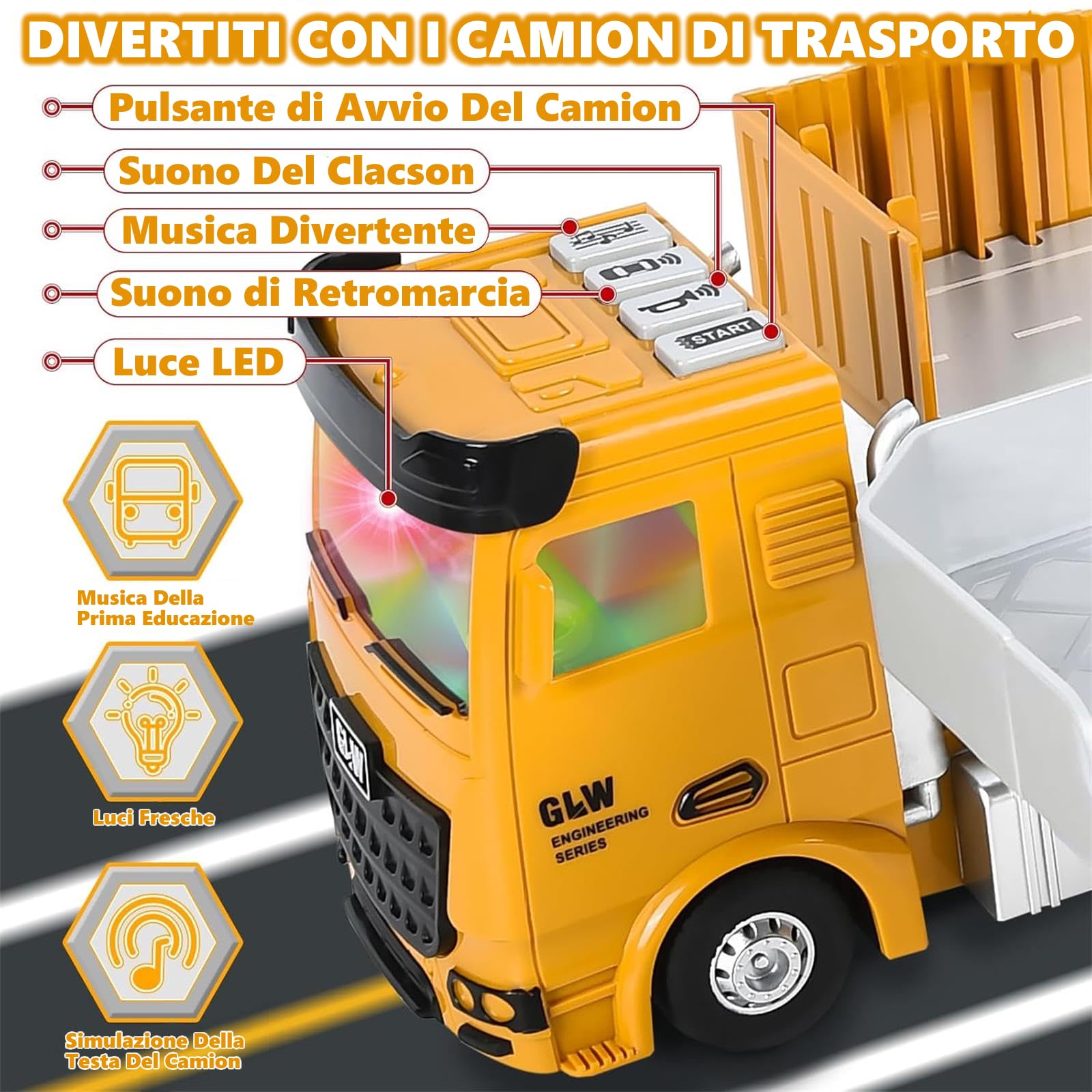 Camion da Cantiere Giocattolo per Bambini con Escavatore Costruzione Torre Gru Effetti di Musica Luce Camion Betoniera Veicoli da Cantiere
