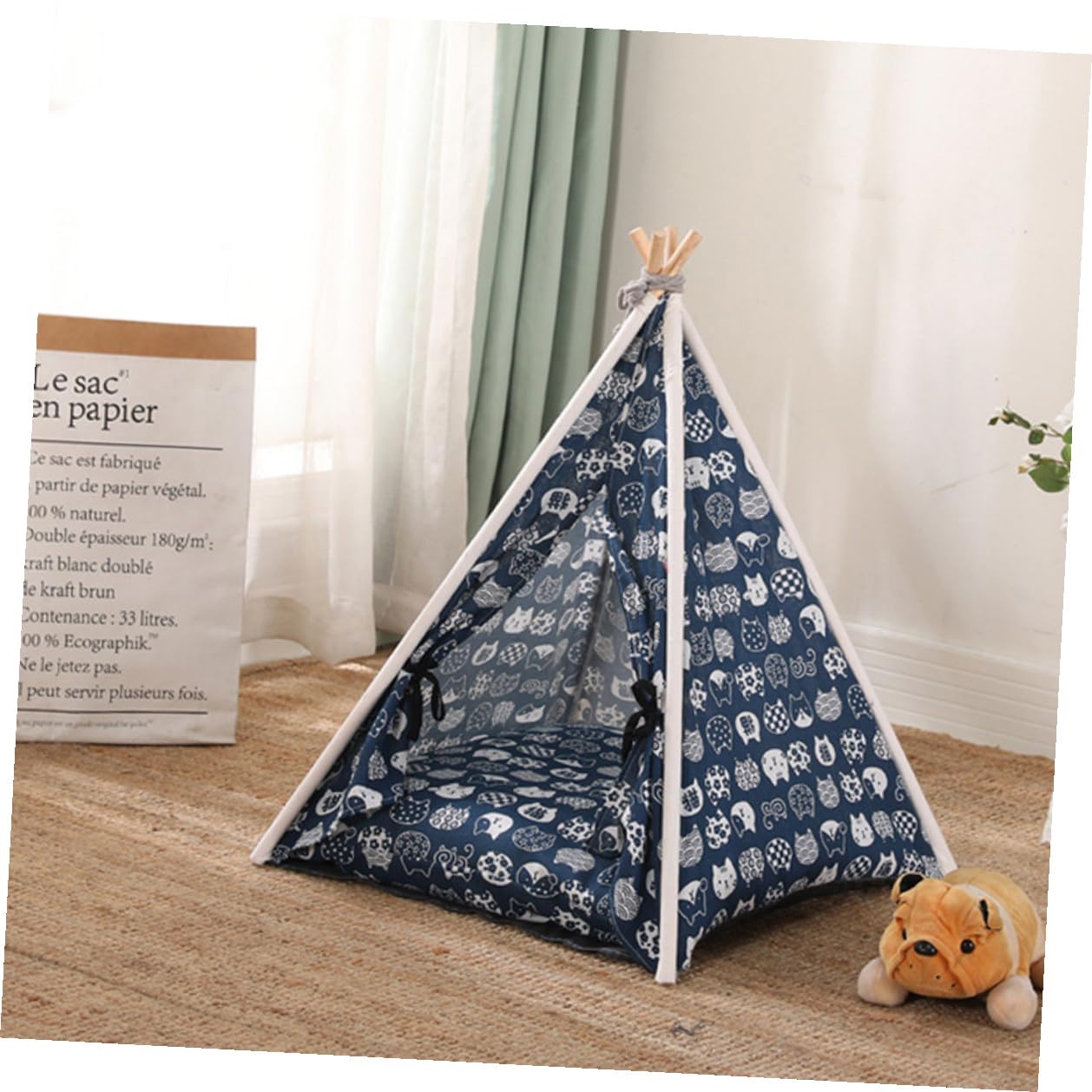 Ciieeo Tente pour Animaux en Toile Lavable avec Structure en Bois Résistante Tapis de Sol Lavable pour Chiots Maisonnette Confortable pour Chat et Chien Lieu de Couchage Sécurisé et