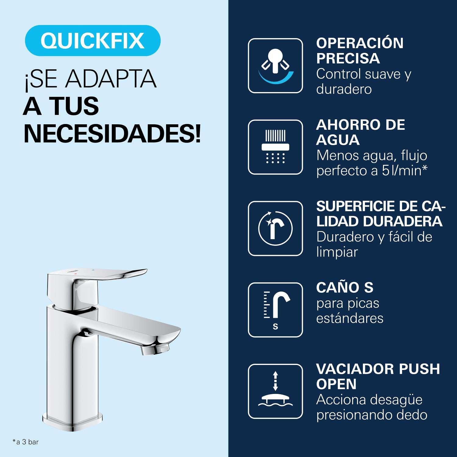 GROHE Dice Grifo Monomando de Lavabo S con Desagüe Push-Open (Cartucho Cerámico 28 mm, Ahorro de Agua, Conexiones 3/8", Fácil de Instalar QuickTool Incluido), Cromado, 1018570000