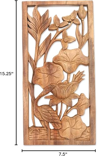 Miniatura 6 de NOVICA Escultura de pared de garza y flor tallada en madera natural, estanque de garzas, marrón 7.50 x 15.25 pulgadas