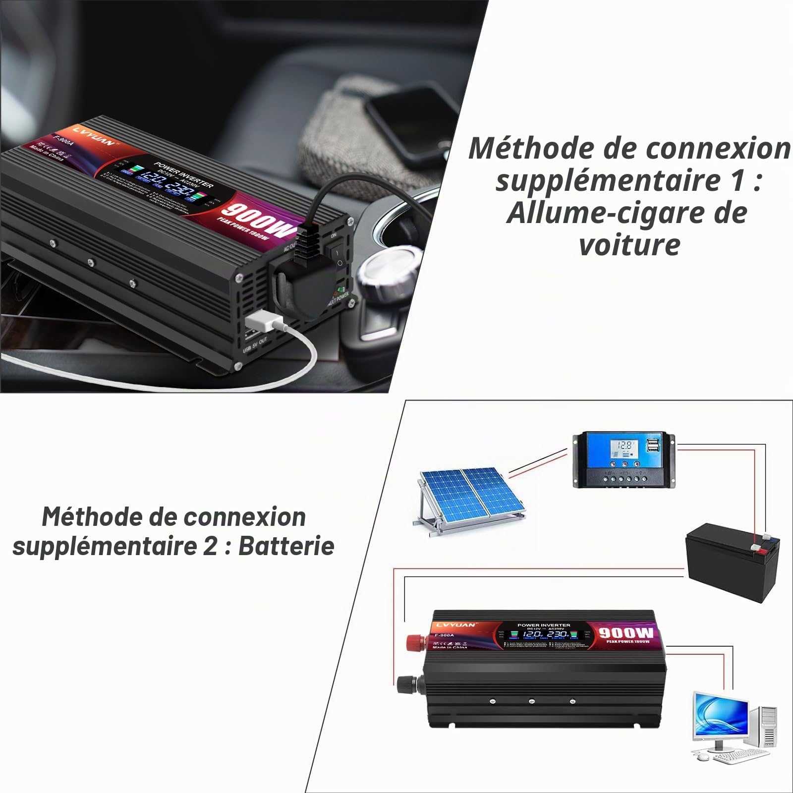 LVYUAN Convertisseur de Tension 12V 220V 900W Onduleur avec Prises UE, 2 USB, Clip Alligator, Allume-Cigare et écran LCD Inverter Peak 1800W