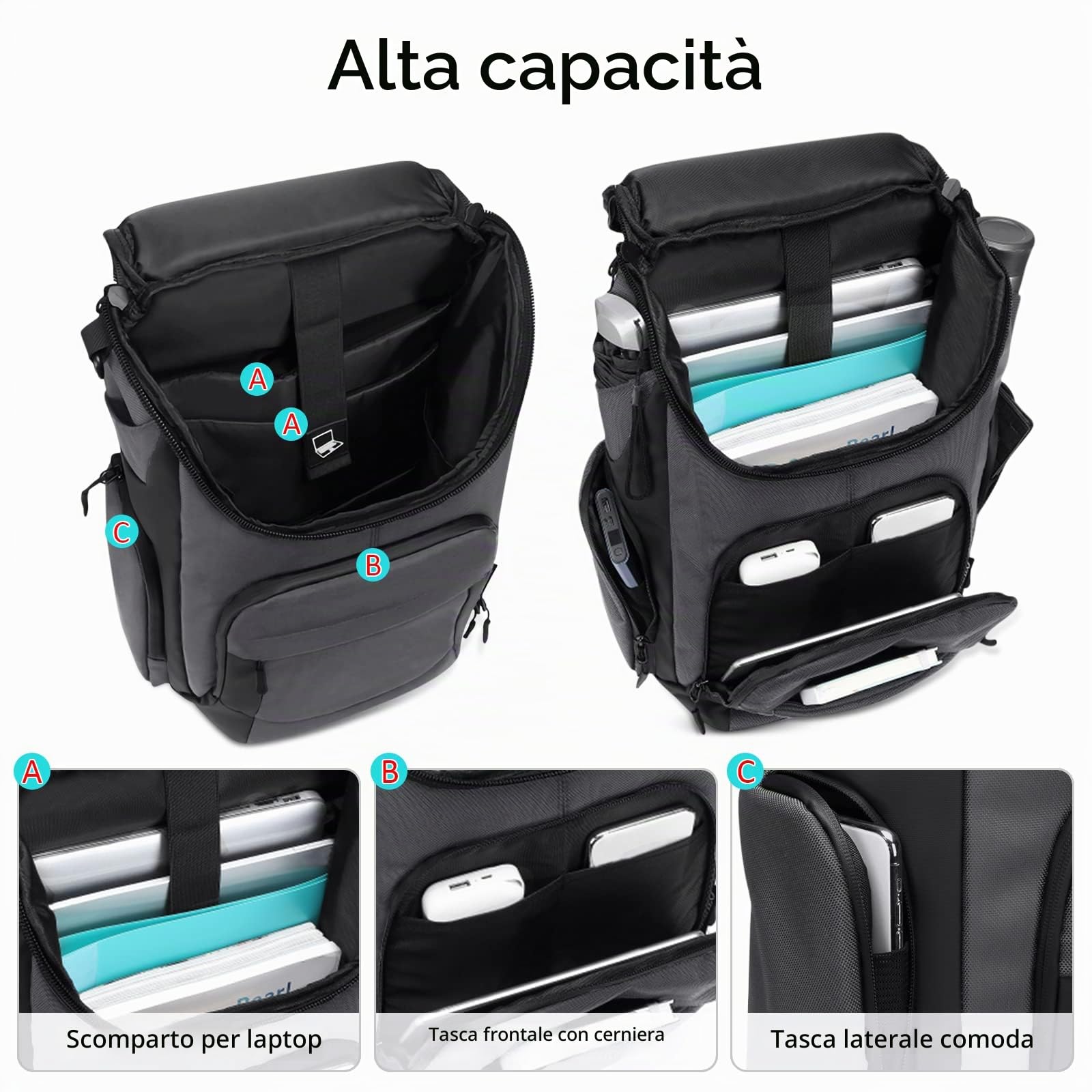 VARLIVOO Uomo Zaino 15.6" Laptop Zainetto Alta Capacità Borse Lavoro Viaggio Scuola Università Campeggio Antifurto Zaino Impermeabile Polyester Grigio