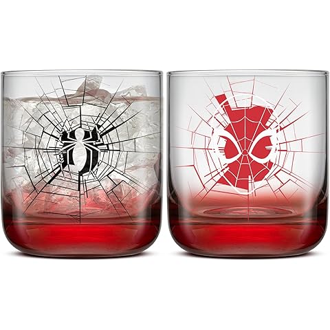 JoyJolt Marvel Spider-Man Webbed Hero Short Drinking Glasses, 10oz Superhero Glass Cups, Set of 2 Glass Tumblers for Water Coffee Soda, Gifts for Men and Women, Cool Marvel Stuff