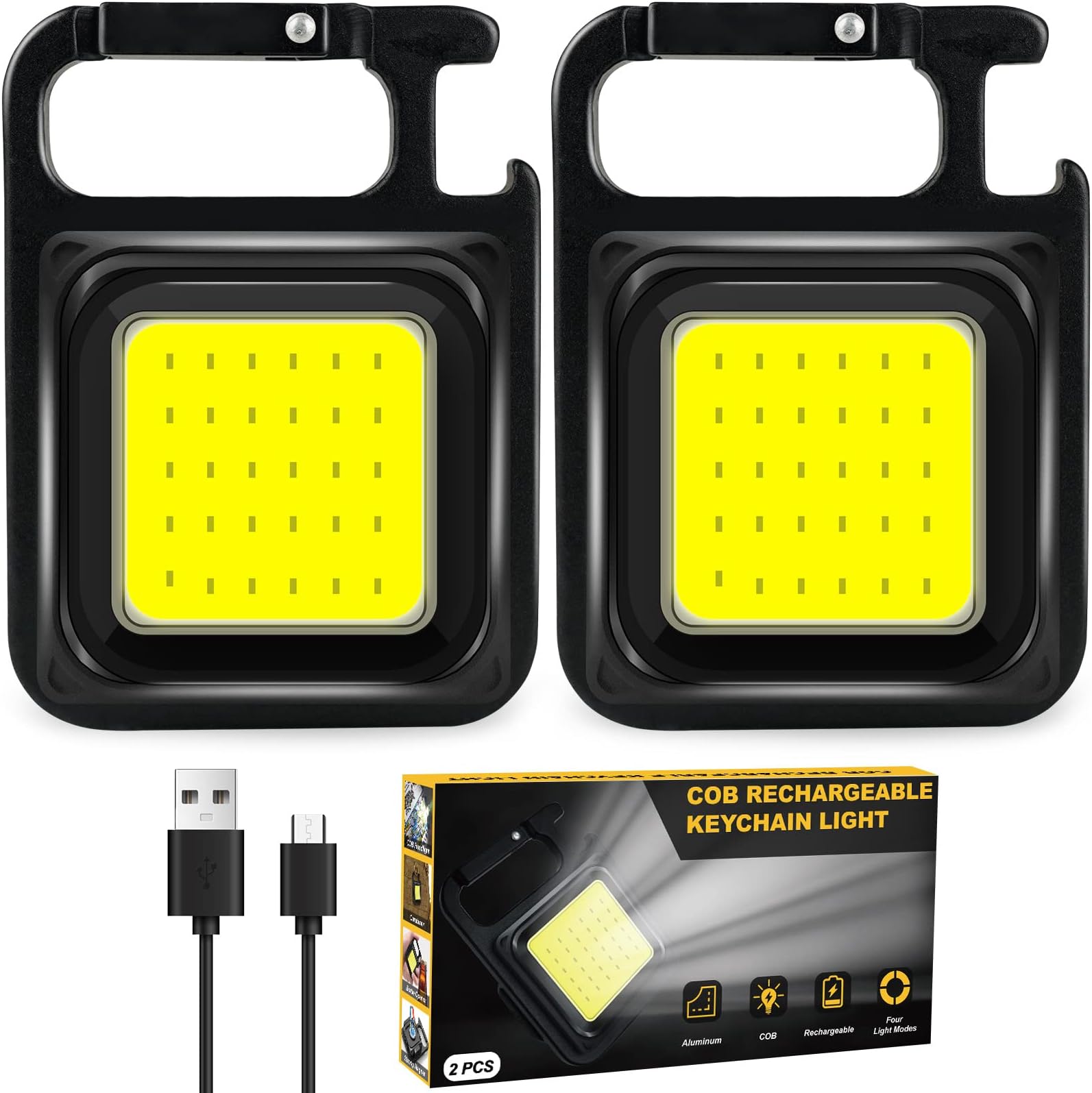 RISEMART Mini Portable Light 2 Pack, 1000 Lumens EDC Keychain Flashlight COB Small Torch, USB Rechargeable Pocket Torch with 4 Lighting Modes, Foldable Stand, Magnetic Base, Bottle Opener