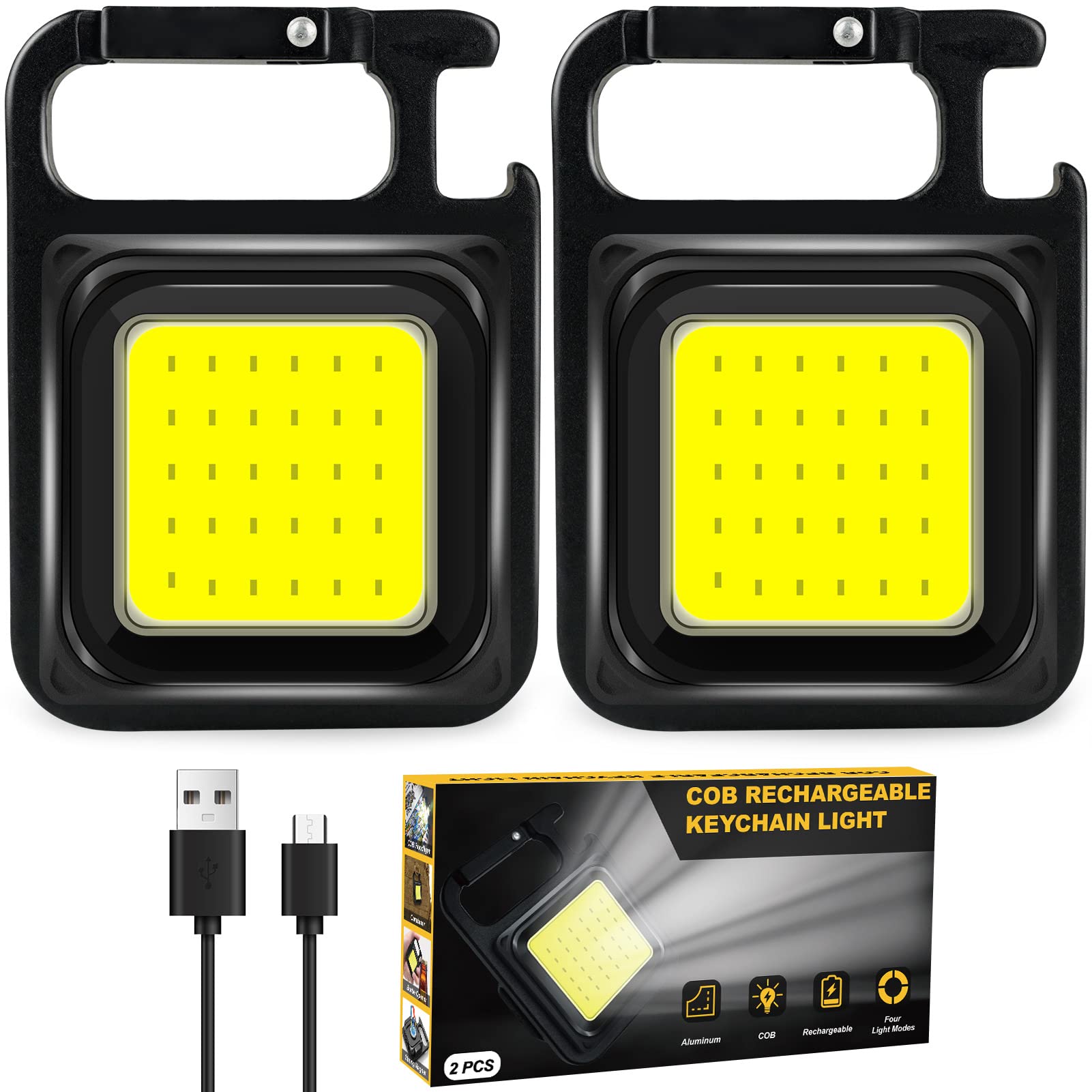 RISEMART Mini Portable Light 2 Pack, 1000 Lumens EDC Keychain Flashlight COB Small Torch, USB Rechargeable Pocket Torch with 4 Lighting Modes, Foldable Stand, Magnetic Base, Bottle Opener