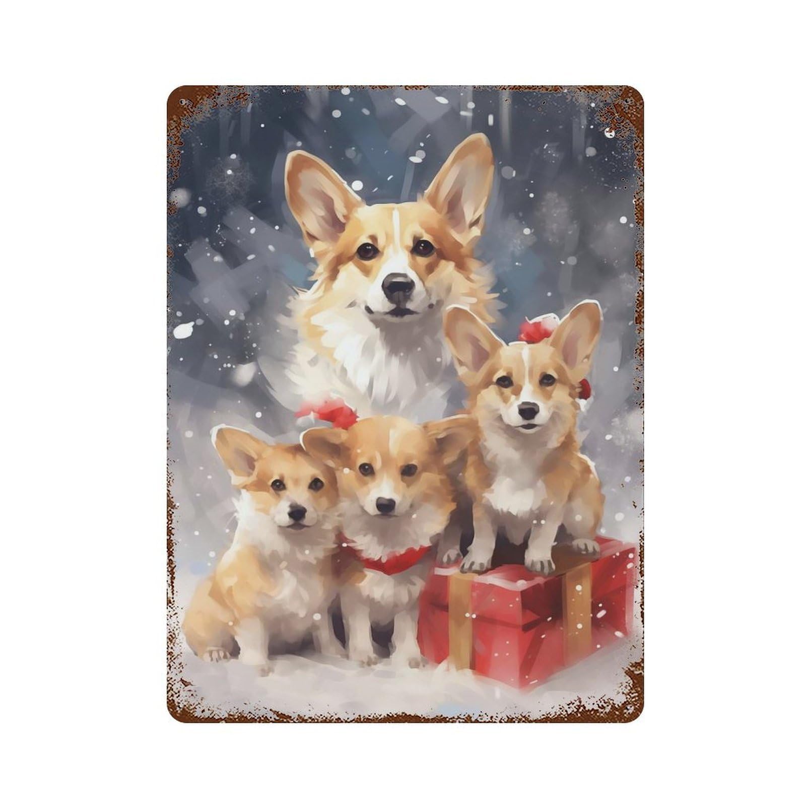 Weathered Tin Sign with Snow Corgi Dog Family Xmas Design 15.7"x11.8", for Garage, Bar And Workshop Decor, Decorative Metal Wall Art