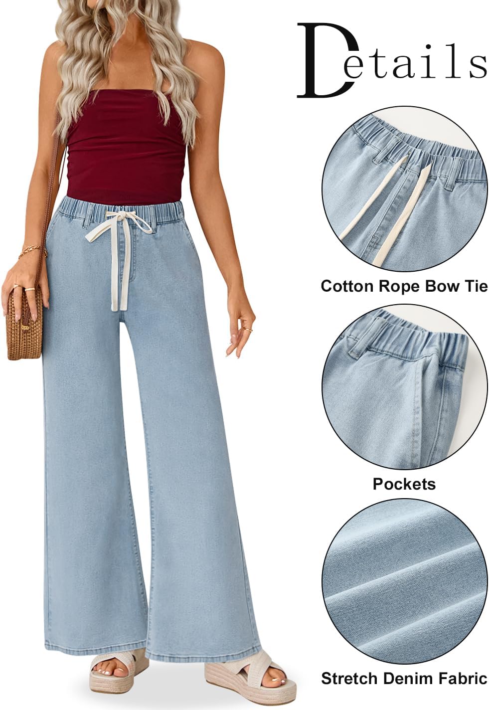 ZESICA Womens Drawstring High Waist Jeans Loose Fit Wide Leg Straight Baggy Trendy Denim Pants with Pockets - Image 4