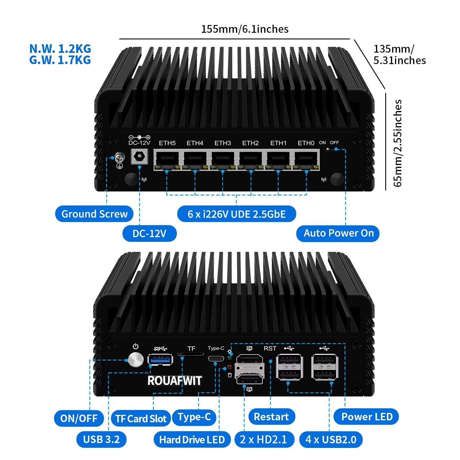 ROUAFWIT Micro Firewall N100 12TH Gen Fanless Mini PC, DDR5 8GB RAM 128GB SSD Router Appliance Computer, Supporto Windows, OPNsense, 6 x 2.5Gbe i226-V Ethernet, TF, Type C, AES-NI
