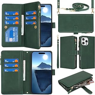 Eastwave アイフォン 16 Pro ケース For iPhone 16pro 縄掛けケース For iPhone16pro 手帳型 財布型 ICカード コインポケット ストラップ付き カード 収納 小銭入れ ファスナーポケット付き PUレザー 6色グリーン