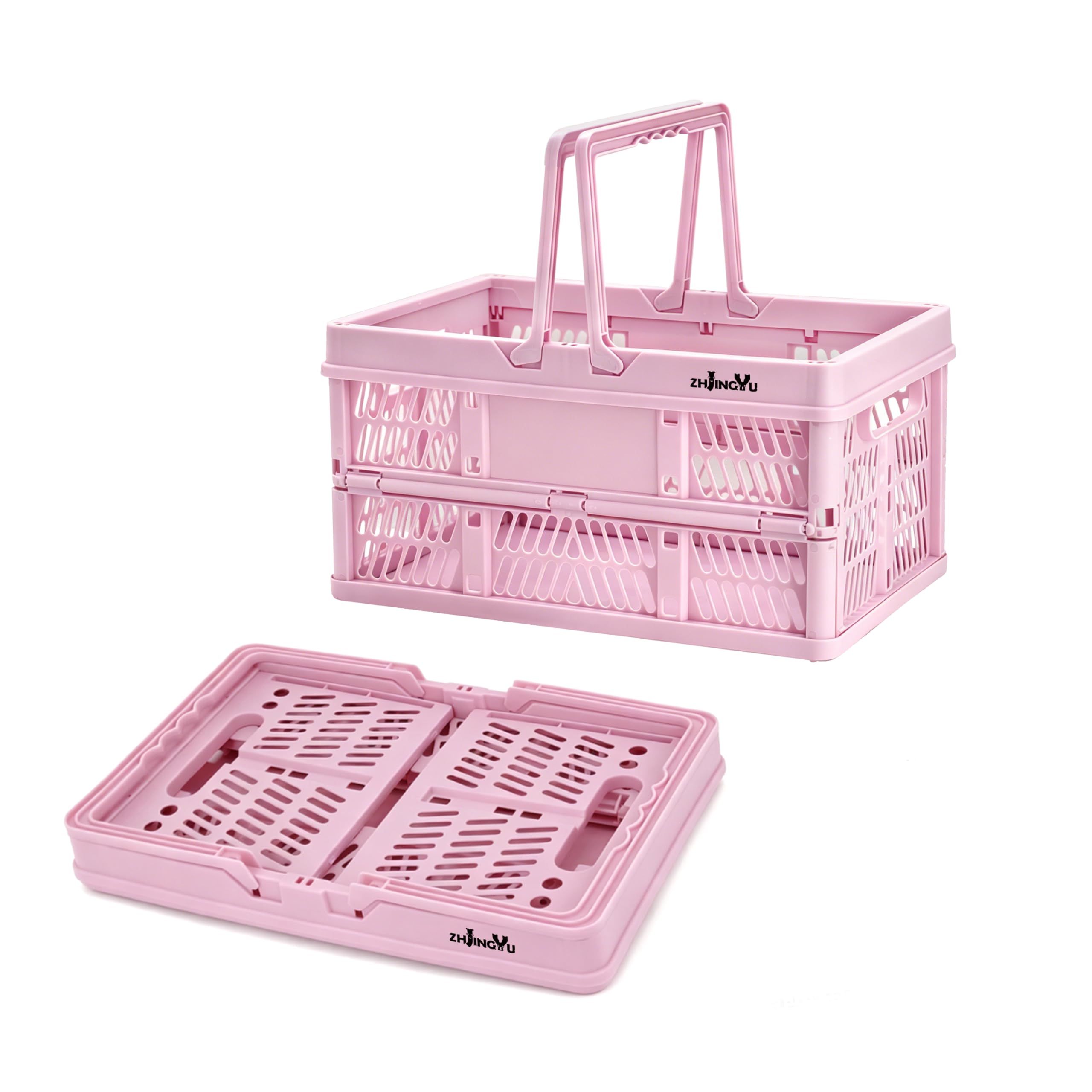 Pink Plastic Baskets with handles,2-pack Collapsible crates for storage,14.96"x9.84"x7.87" foldable shopping basket ,foldable crate with Handles for car Classroom Kitchen Bathroom Medicine Milk