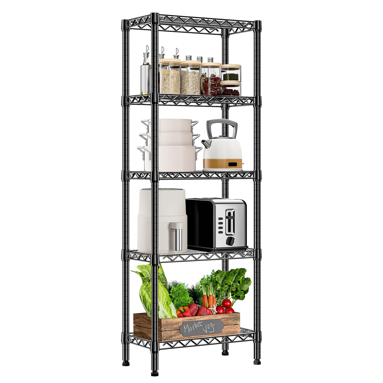 450 lbs Storage Shelves 5 Tier Shelving Units for Storage, Steel Organizer Wire Rack, Adjustable Height, Wire Shelving Unit for Bathroom Kitchen Closet, Black 11.8" D x 21.7" W x 58.3" H