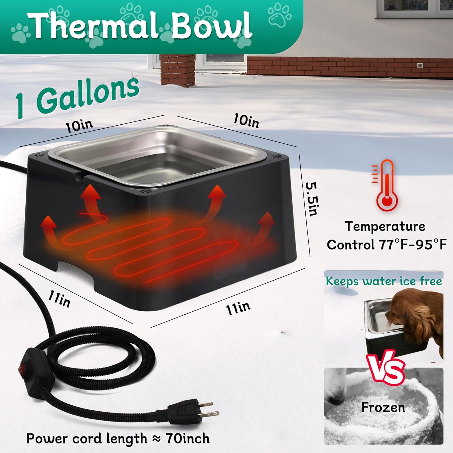 Large Heated Water Bowl for Outdoor Pets - 3.5L Outside Animal Waterer With Removable Stainless Bowl, No Freeze Dish for Dog, Cat, Rabbit, Chicken, Poultry, Squirrel