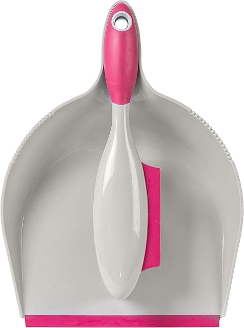 Kleeneze KL069337EU7 Rubber Head Dustpan and Brush with Squeegee Edge, Pink/Grey, Rubber Bristles, Ideal for Dust, Fluff & Pet Hair, Clean Up Stubborn Spills, Rinse Clean, Ideal for All Floor Types