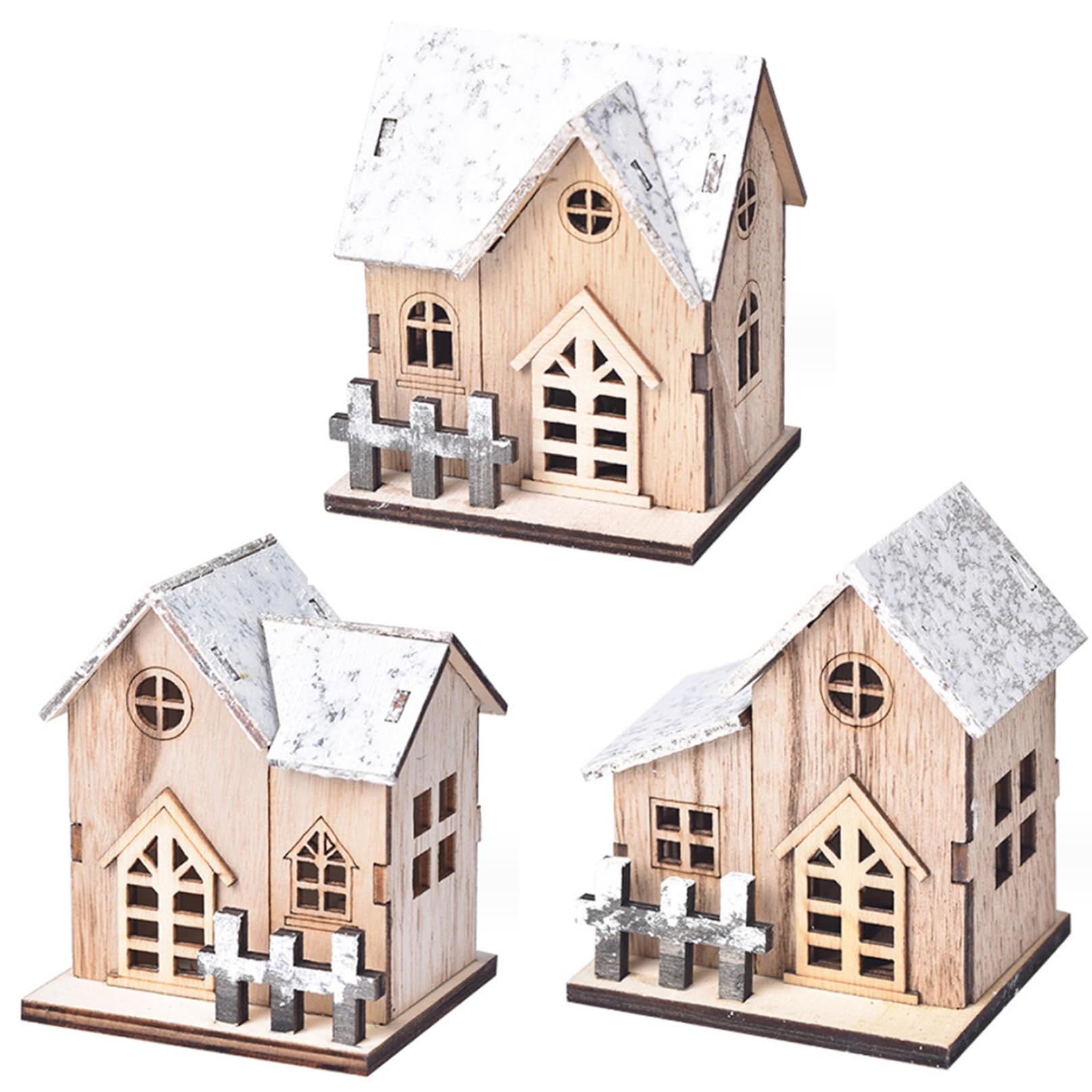 Wedhapy Christmas Village Scene 3PCS Christmas Village Sets LED Light up Wood Christmas Village Scene Battery Operated Mini Christmas House Decorations