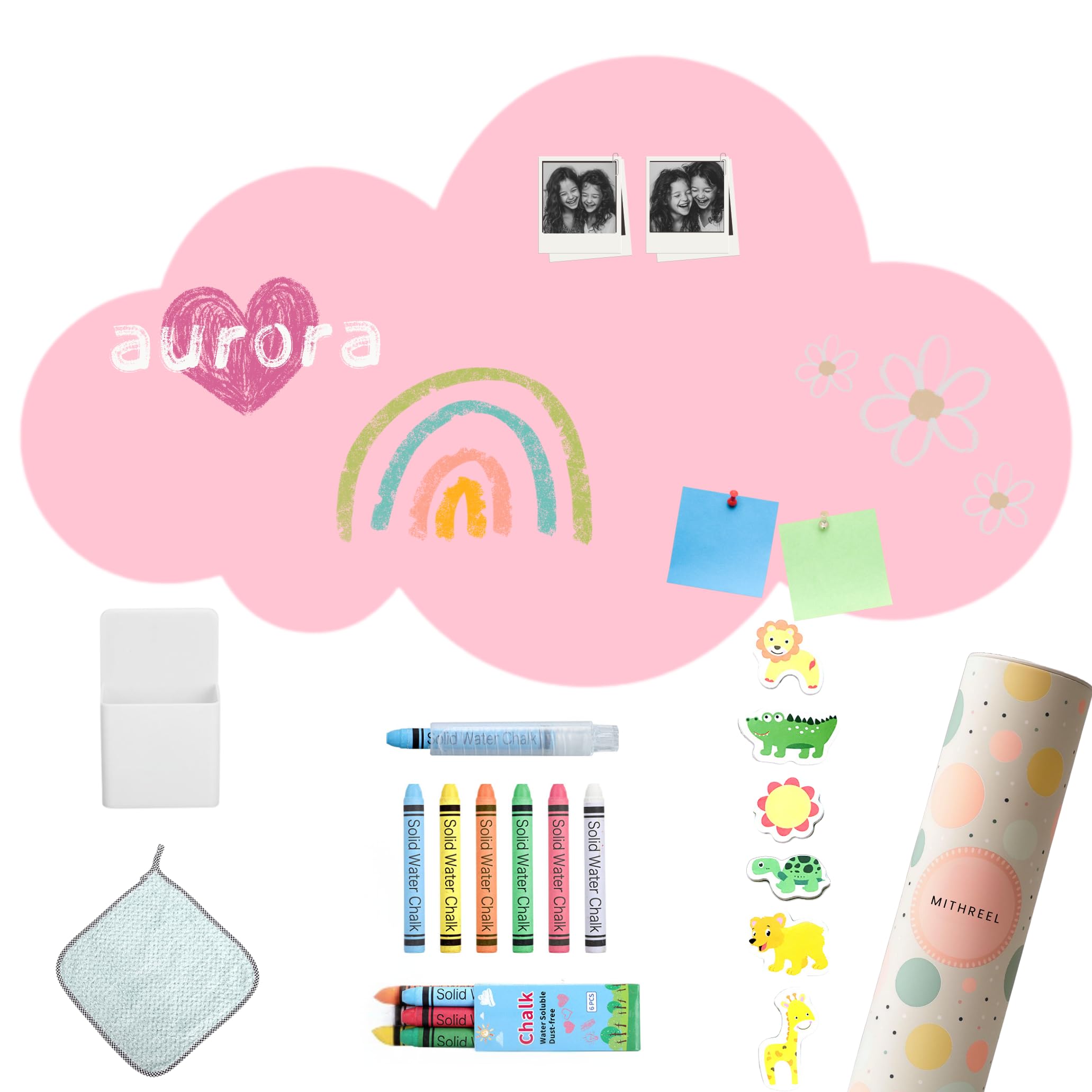 MITHREEL Children's Magnetic Whiteboard with Cloud-Shaped Wall Sticker, Pink, 120 x 60 cm, with Chalk and Animal Magnets, Educational and Decorative Children's Board (Pink, 120 x 60 cm).