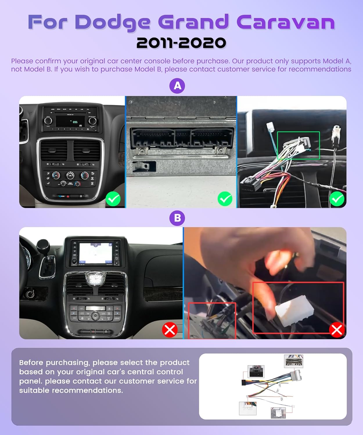 Diagram showing compatible (Model A) and incompatible (Model B) car console types for Dodge Grand Caravan.