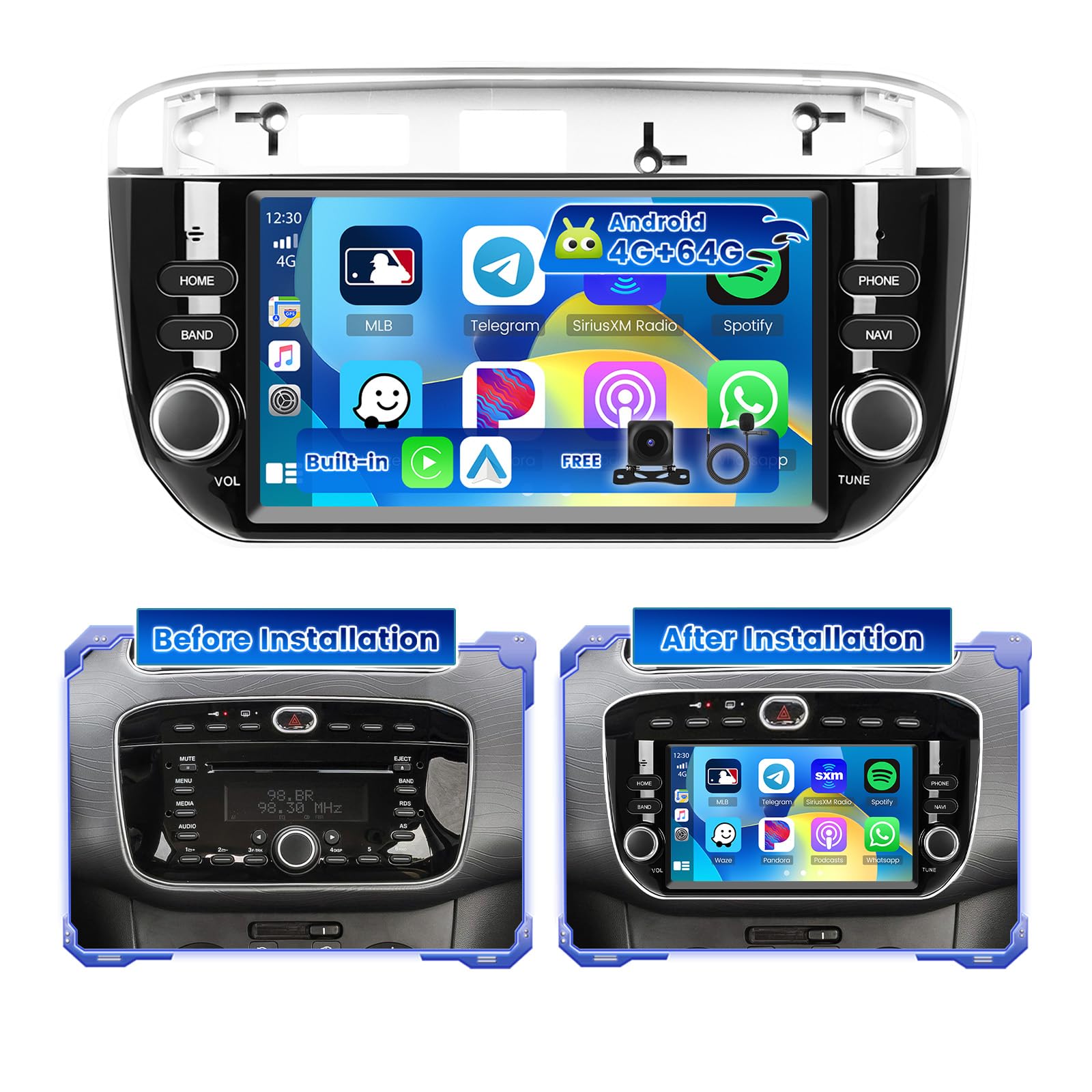 Hikity 4G+64G Android 15 Radio Coche Fiat Punto 2012-2016 7" CarPlay