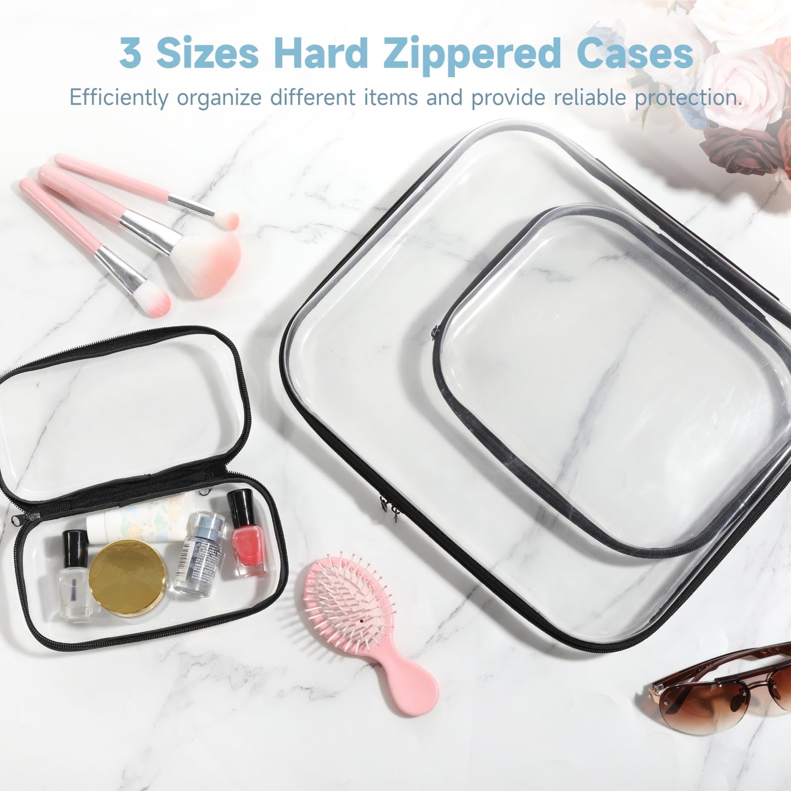 Set di custodie rigide trasparenti con cerniera, 3 misure, impermeabili e organizer per snack, giocattoli e cosmetici